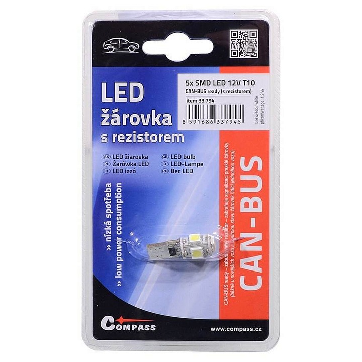 Bec LED auto Compass T10 (W2.1x9.2d) CAN-BUS ready cu rezistor integrat, 5x SMD, 12V, 1,2W, 100 lm, Alb, 1 buc