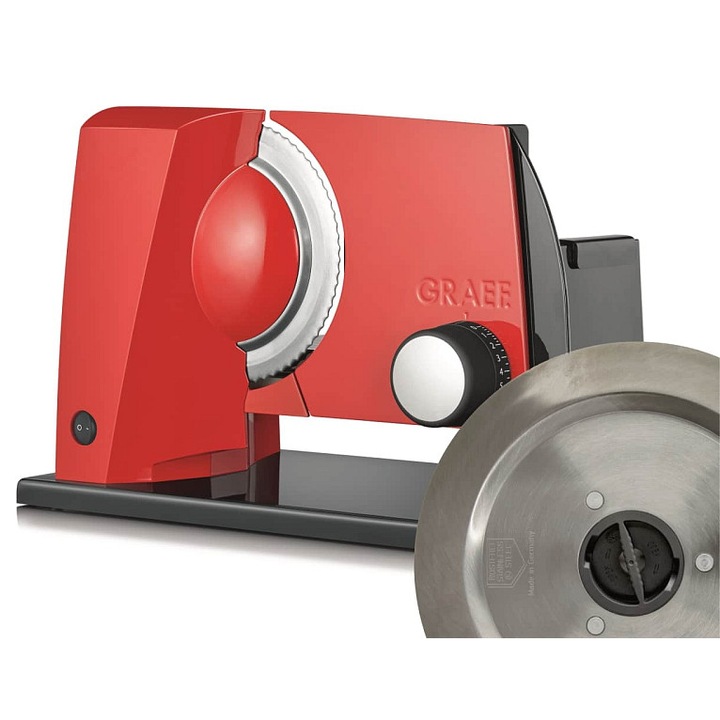 GRAEF SKS 11023 elektromos szeletelő, 170 mm-es rozsdamentes acél fogazott penge, vastagságállítás 0–20 mm, Eco Power Motion motor 45W (max. 170W), extra sima penge mellékelve, Piros