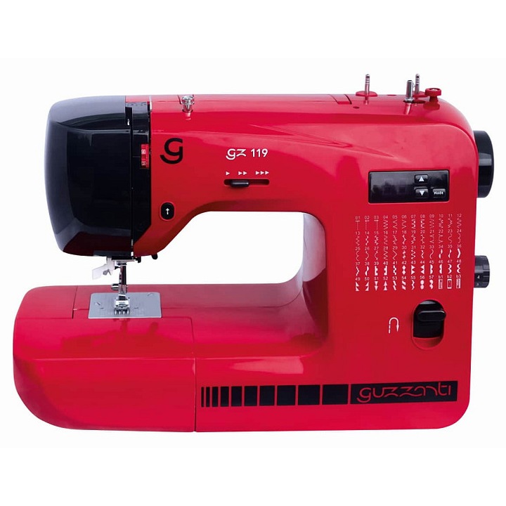 GUZZANTI GZ 119 elektronikus varrógép, 60 varróprogram, LED kijelző, automata tűbefűzés, öltésszélesség 0-5 mm, öltéshossz 0-4 mm, piros