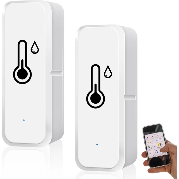 Set 2 termometre WiFi inteligente, senzor temperatura si umiditate, alb, compact