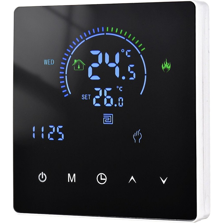 Termostat digital LCD de perete, regulator temperatura pentru incalzire prin pardoseala, reglare temperatura apa, montaj incastrat, programabil 5+2 cu 6 perioade/zi, taste touch, Non-Wi-Fi, Negru, 1 buc