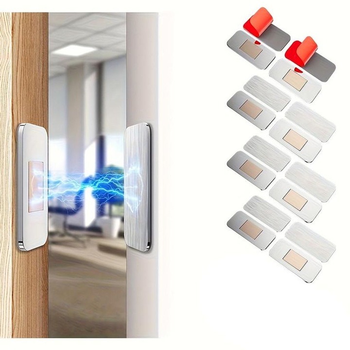 Set 8 incuietori magnetice autoadezive, otel inoxidabil, subtiri, argintiu-rosu, 1mm