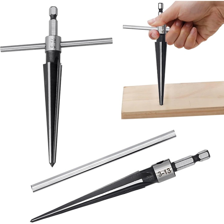 Set 2 reamere conice (tapered reamers), 3-13 mm si 5-16 mm, cu maner T detasabil, 6 caneluri pentru debavurare si localizare gauri bridge pin, Negru/argintiu, 2 buc