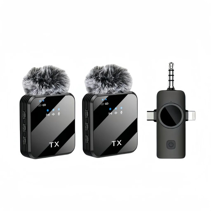Microfon lavalier wireless, 360 inregistrare, Bluetooth 5.1, negru, compact