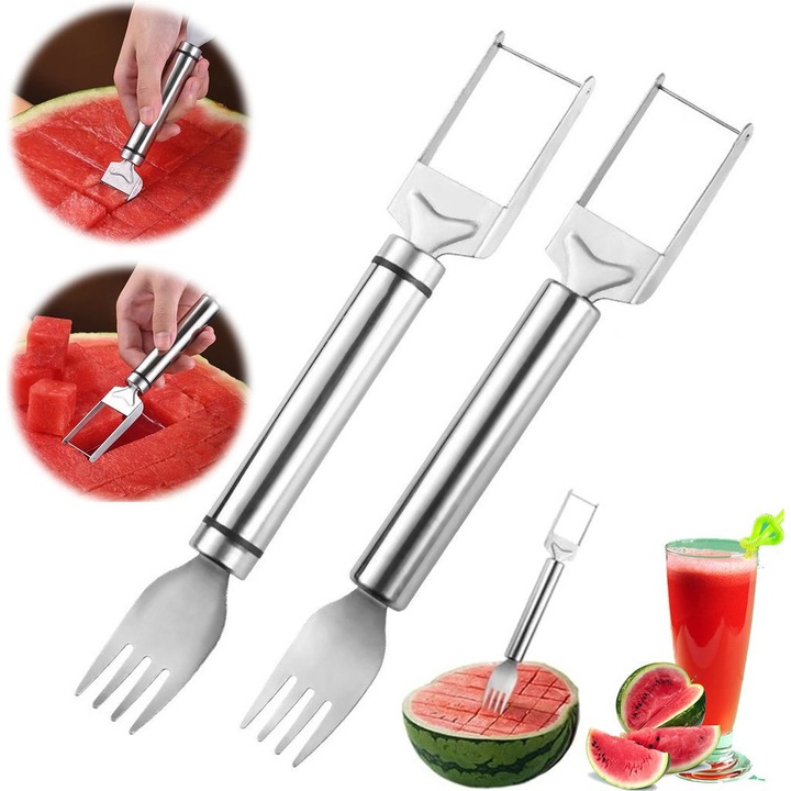 Feliator pepene / taietor pepene din otel inoxidabil, 2-in-1 pentru cuburi si furculita, portabil, argintiu, 2 bucati