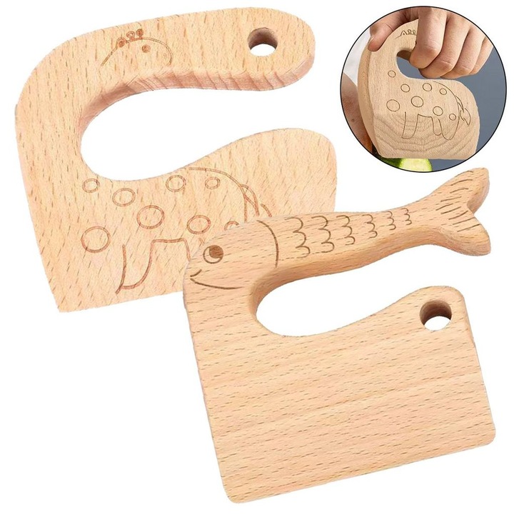 Set 2 cutite lemn pentru copii, ergonomic, natural, 10x9cm