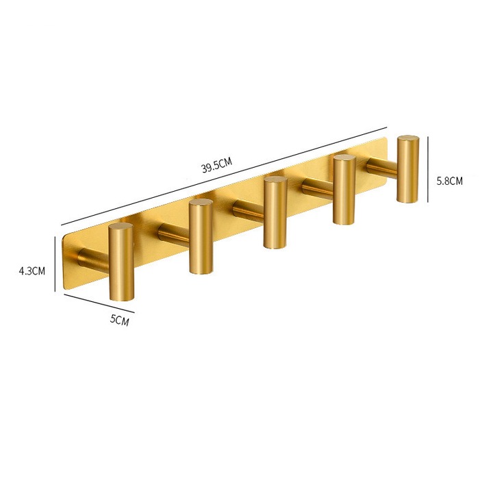 Cuier de perete, suport pentru haine si palarii cu 5 carlige, montaj prin gaurire, anti-alunecare, auriu, 39.5 cm, 1 buc