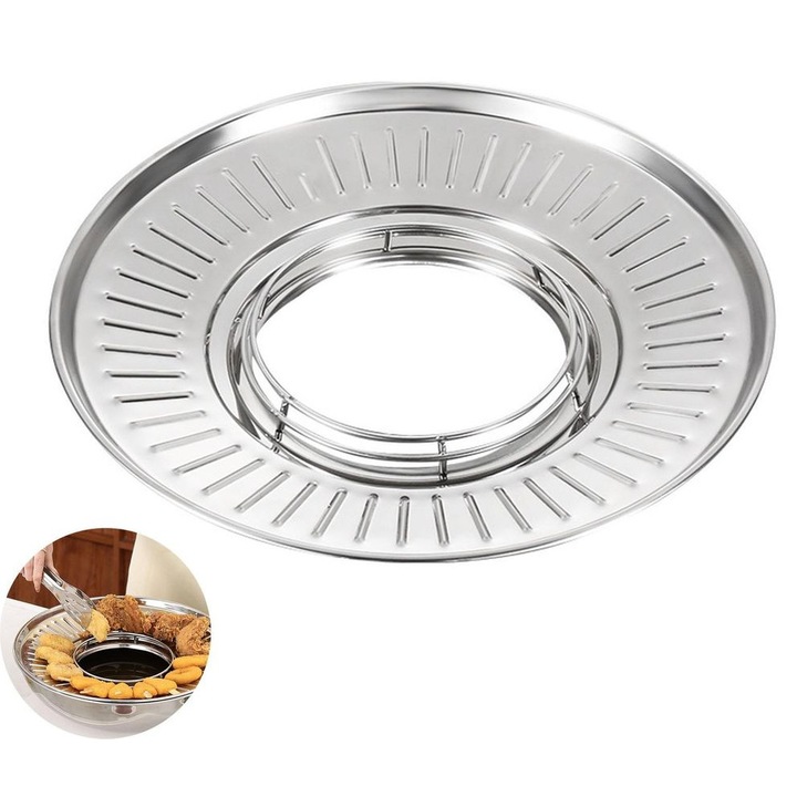 Tava scurgere ulei, strecuratoare pentru ulei din otel inoxidabil, cu filtru pentru reziduuri alimentare, multifunctionala compatibila cu friteuze si gratar, argintiu, 1 buc