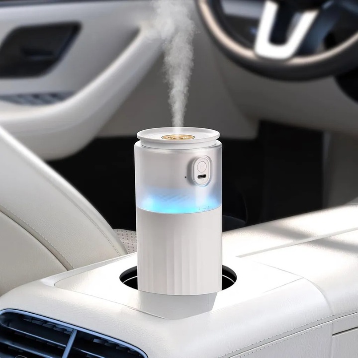 Umidificator portabil mini, cu pulverizare rece si lumina LED, silentios 28 dB, rezervor 250ml, pana la 6 ore, alimentare USB, Alb