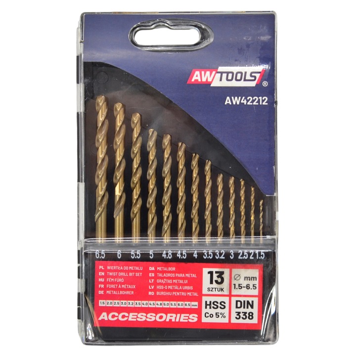 Awtools fém fúrókészlet 13 darab HSS-Co 1.5-6.5mm műanyag tokban