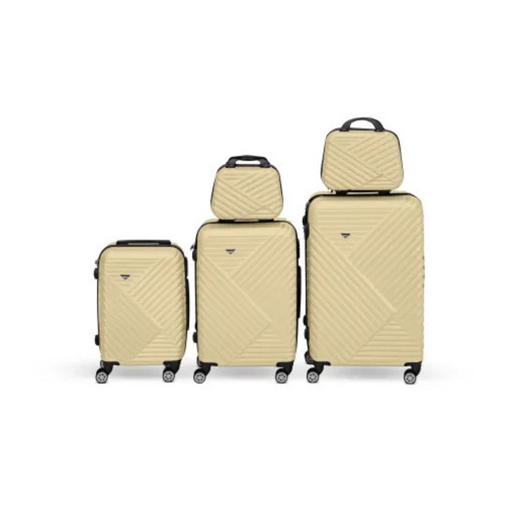 KUNERT Premium ABS bőrönd szett, 360°-ban forgó kerekek, teleszkópos fogantyúk, átlós bordázott karcálló design, Vanilla, 5 darab (3 bőrönd + 2 neszeszer)