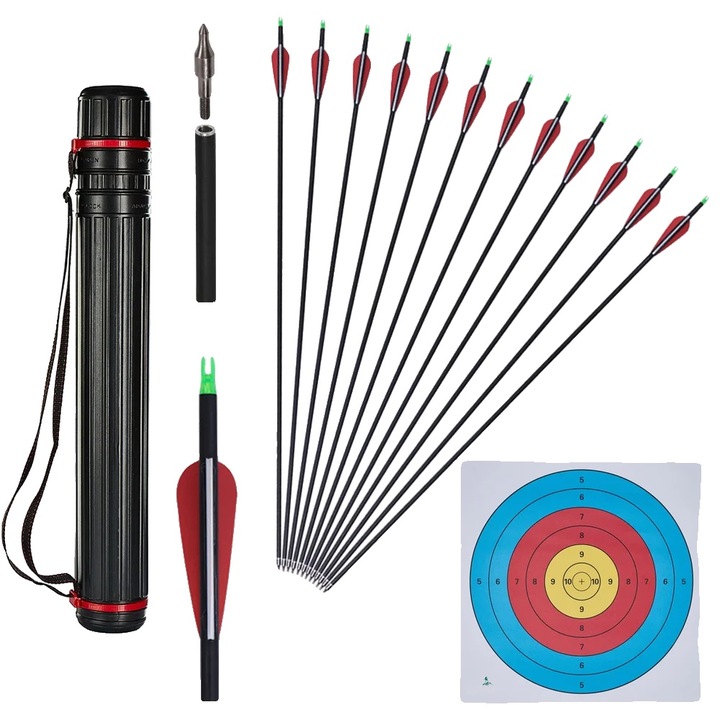 Vegyes szén nyílvessző készlet, levehető hegyek, kompatibilis recurve és compound íjakkal, Piros, 12 darab, 31/31.5 cm