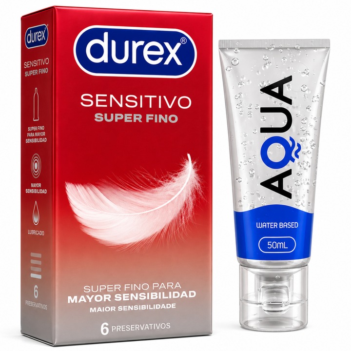 Set Durex Total Intimacy, 6 Prezervative Sensitive Super Thin, Latex, Sensi-Fit, Compatibil Sex Toys, Fara Miros, 1 Lubrifiant Water Based, 50 ml