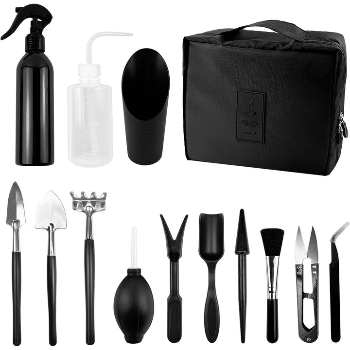 Unelte de gradinarit, Kit de gradinarit, Kit de gradinarit pentru adulti pentru plante de interior, Kit de gradinarit din otel carbon pentru plante suculente, Transplantare manuala, cu geanta de depozitare
