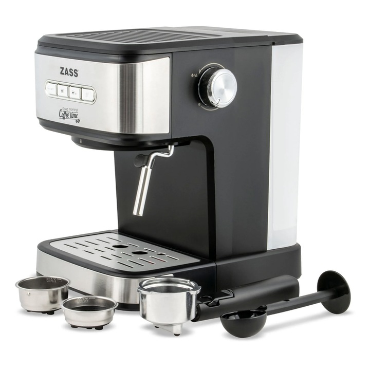 Espressor cafea Zass, cafea macinata, 20 bar, 850 W, capacitate 1.5 litri, panou de control cu 4 butoane iluminate, buton rotativ pentru controlul gradului de spumare, argintiu + negru, 76 dB