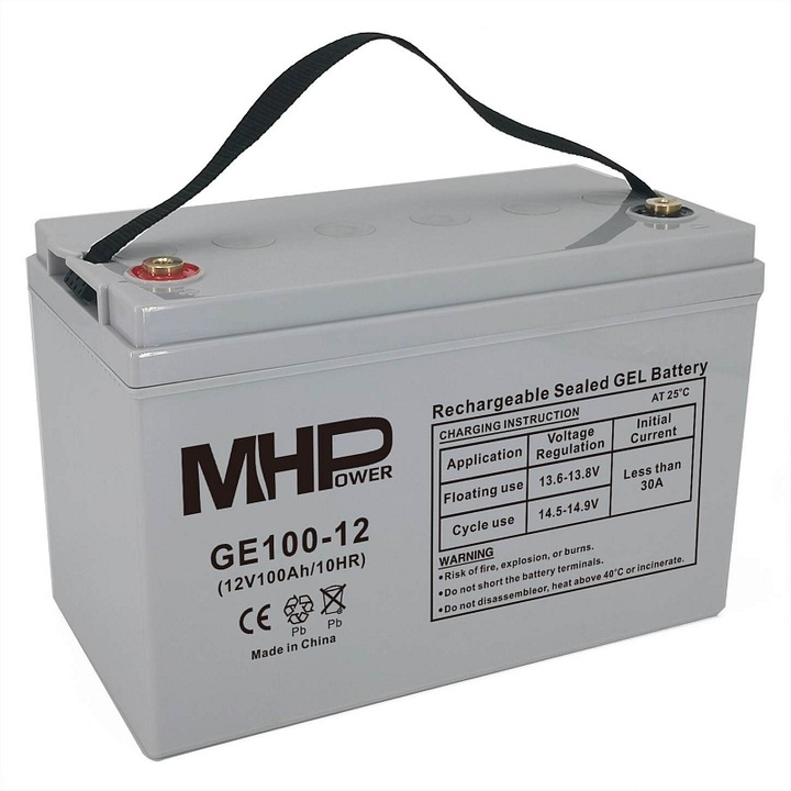 Baterie MHPower GE100-12 GEL, 12V/100Ah, vrla/gel, deep cycle si float, terminal T3-M8, gri deschis, 32,9 x 21,8 x 17,2 cm, 28 kg