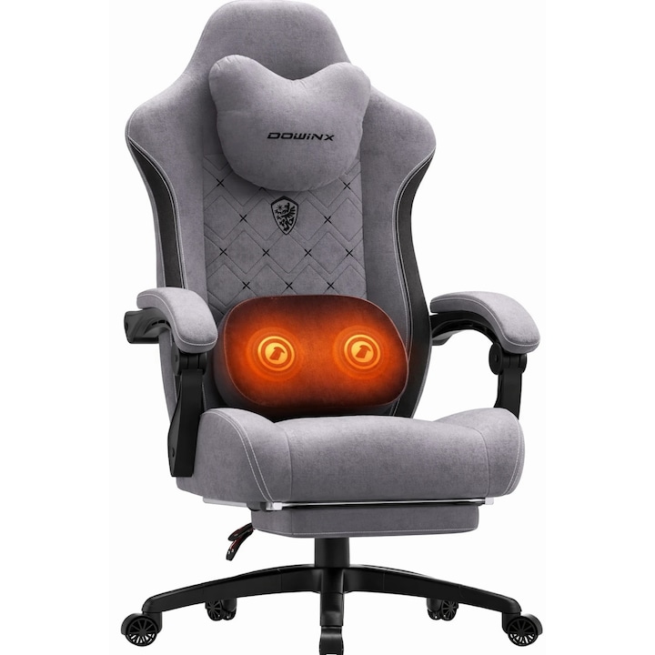 Scaun Gaming Premium, DOWINX®, Scaun Gaming Ergonomic, Incalzire Si Masaj In Perna Lombara, Sezut Cu Arcuri Metalice Si Spuma, Suport Picioare Retractabil, Rabatabil 90°-135°, Cadru Metalic Rezistent 150 Kg, Material Textil Respirabil, Rotire 360°, Gri