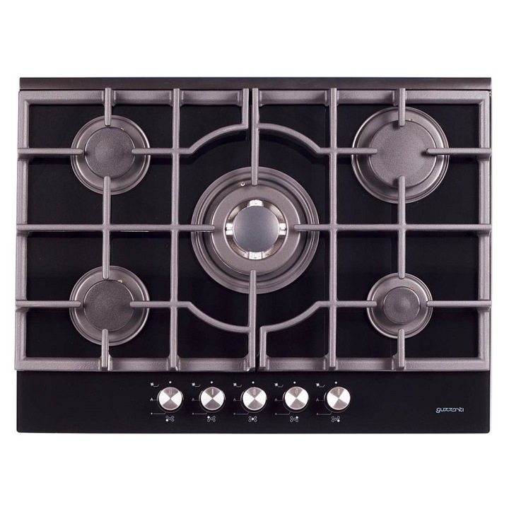 Plita gaz Guzzanti GZ 8210, 5 arzatoare, sticla neagra, inox, 69x52x11.85cm