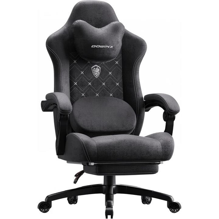 Scaun Gaming Premium, DOWINX®, Scaun Gaming Ergonomic, Incalzire Si Masaj In Perna Lombara, Sezut Cu Arcuri Metalice Si Spuma, Suport Picioare Retractabil, Rabatabil 90°-135°, Cadru Metalic Rezistent 150 Kg, Material Textil Respirabil, Rotire 360°, Negru