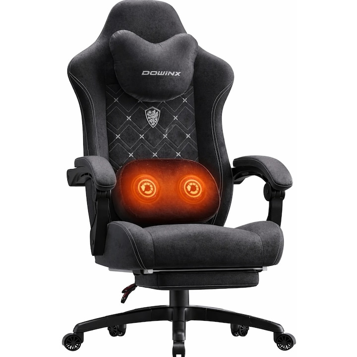 Scaun Gaming Premium, DOWINX®, Scaun Gaming Ergonomic, Incalzire Si Masaj In Perna Lombara, Sezut Cu Arcuri Metalice Si Spuma, Suport Picioare Retractabil, Rabatabil 90°-135°, Cadru Metalic Rezistent 150 Kg, Material Textil Respirabil, Rotire 360°, Negru