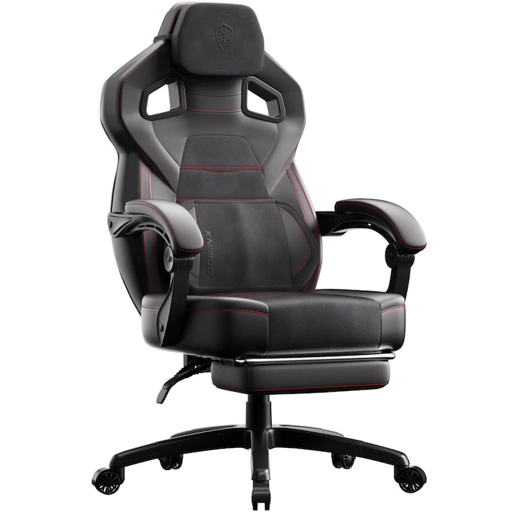 Scaun Gaming Premium DOWINX®, Scaun Gaming Ergonomic, Masaj In Perna Lombara USB, Sezut Cu Arcuri Metalice Si Spuma, Suport Picioare Retractabil, Rabatabil 90°-145°, Cadru Metalic Rezistent 150 Kg, Material PU Respirabil, Rotire 360°, Negru