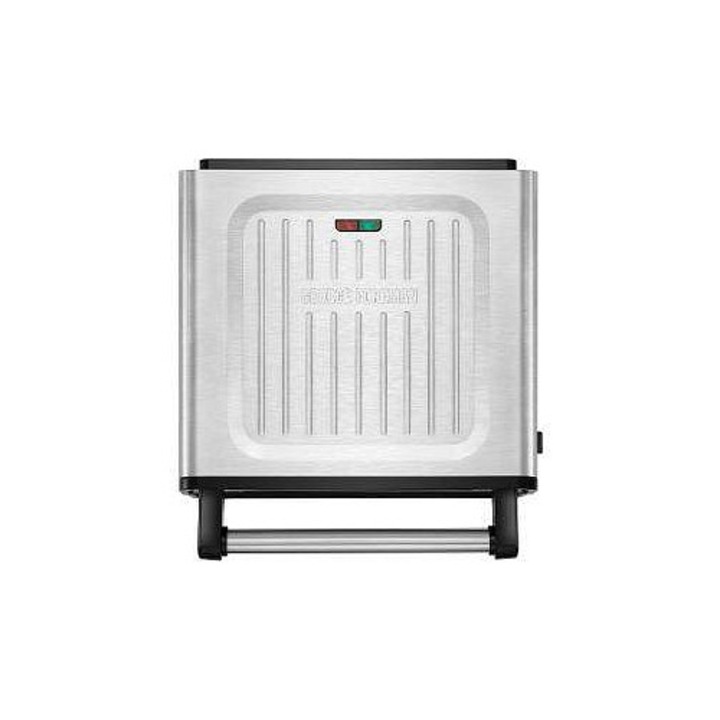 Grill electric George Foreman 28000-56, tehnologie fara fum, placi detasabile, compatibile cu masina de spalat vase, tava de scurgere detasabila, balamale flotante 3,5 cm, corp din inox, argintiu/negru, 1500 W