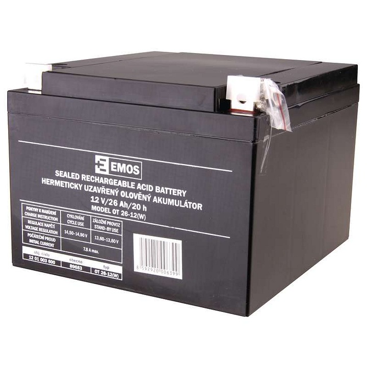 Acumulator SLA Emos OT 26-12(W) 12V/26Ah, AGM, fara intretinere, plumb (Pb), negru, 1 buc