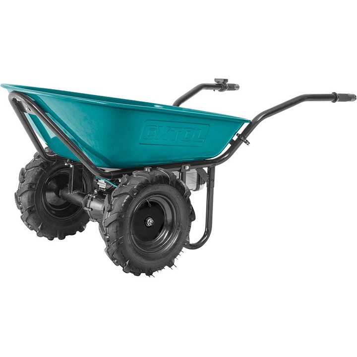 Roaba electrica/carucior de transport EXTOL INDUSTRIAL, motor brushless 500W, cu transmisie si diferential, baterie 40V Li-ion 6Ah, capacitate 100l, sarcina 260kg, pneuri teren, maner rabatabil, turcoaz