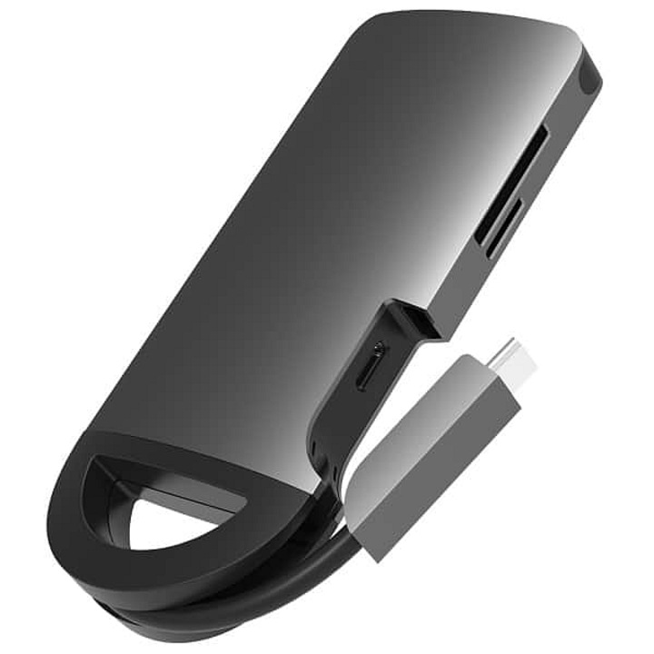 Adaptor multiport USB-C UMAX U-Connect Multiport H7, 4K HDMI @30Hz, 3 x USB 3.0 5Gb/s, USB-C pentru incarcare, cititor Micro SD/SD, Gri