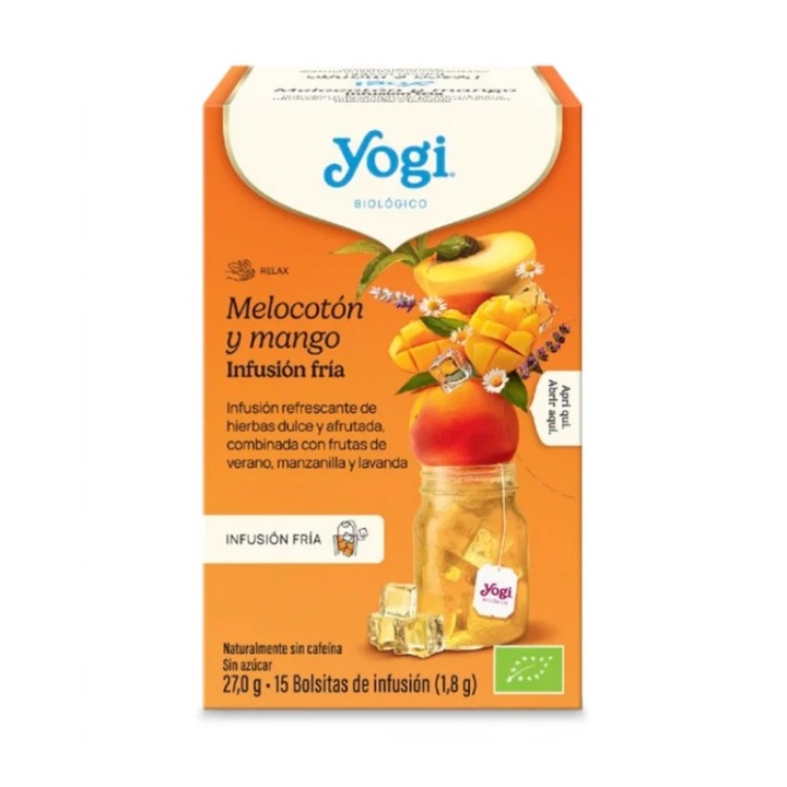 Ceai YogiTea Peach Mango Cold Brew bio, fructat, 15 plicuri