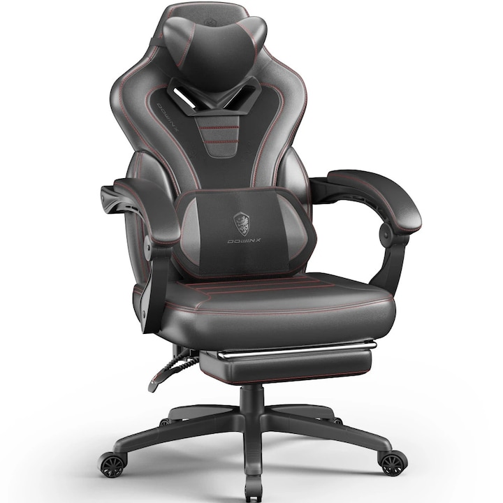 Scaun Gaming Premium, DOWINX®, Scaun Gaming Ergonomic, Masaj In Perna Lombara USB, Sezut Cu Arcuri Metalice Si Spuma, Suport Picioare Retractabil, Rabatabil 90°-145°, Cadru Metalic Rezistent, Material PU Respirabil, BuzunarE Depozitare, Rotire 360°, Negru