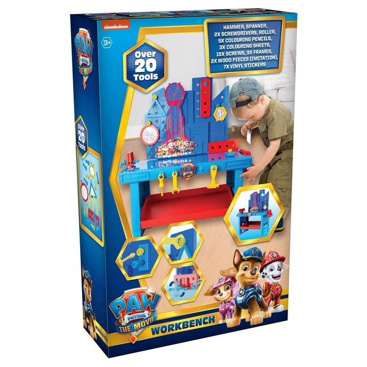 Banc de lucru pentru copii Alltoys Tlapkova Patrola, masa de joaca cu 20 de unelte, set cu accesorii si materiale de colorat, albastru/rosu, 46x32x78 cm