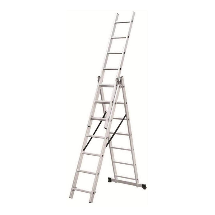 Scara universala M.A.T. GROUP 3 parti (3 x 9 trepte), extensibila pana la 5,93 m, capacitate 150 kg, argintiu, 5,93 m