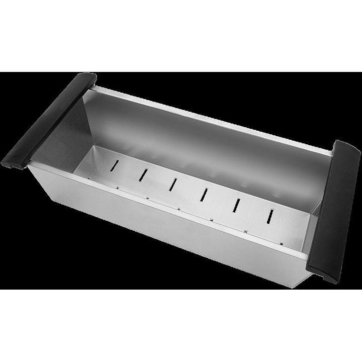 Mosogató szűrő Concept DC440, rozsdamentes acélból, lefolyónyílásokkal, fekete csúszásgátló fogantyúkkal, 440 mm