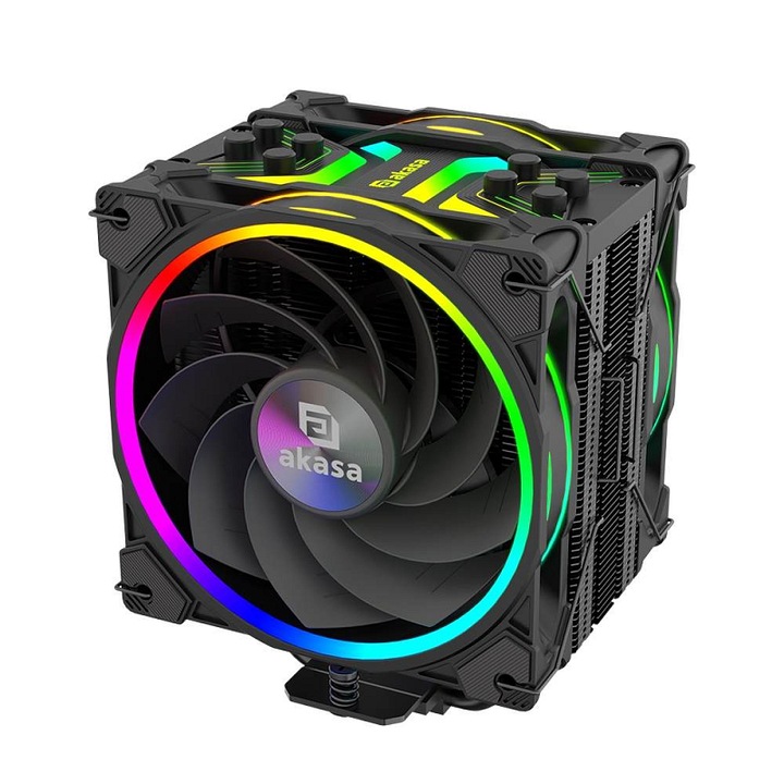 CPU hűtő Akasa SOHO H4 Plus Reverse Kit, címezhető ARGB, 120mm PWM ventilátor fordított lapátokkal, 4 réz hőcső, fekete