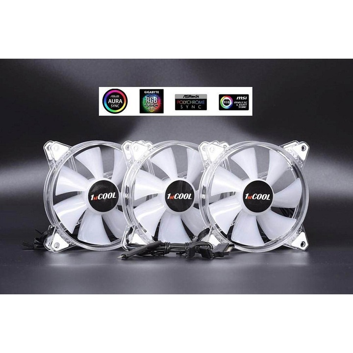 1stCOOL AURA EVO PC ventilátor készlet, ARGB 18 LED-del, ARGB Nano vezérlővel, Kristályfehér, 3 db