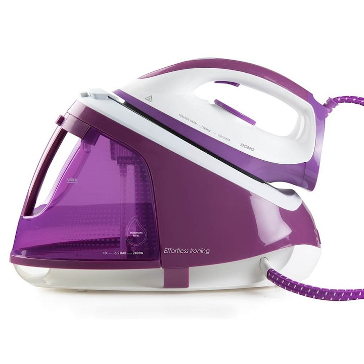 Statie de calcat cu abur DOMO DO7115S, pompa 6,5 bar, abur 330 g/impuls, 2400 W, talpa ceramica, mov/alb, 1,8 l
