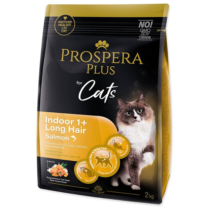 Prospera Plus Indoor 1+ lazac száraztáp macskáknak, hosszú szőrű macskáknak, MOS/FOS prebiotikumokkal, barna, 2 kg