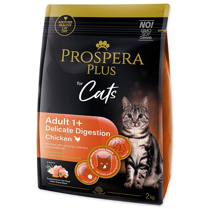 PROSPERA Plus Adult 1+ száraz macskaeledel, kíméletes emésztéshez, csirkével és taurinnal, prebiotikus, 2 kg