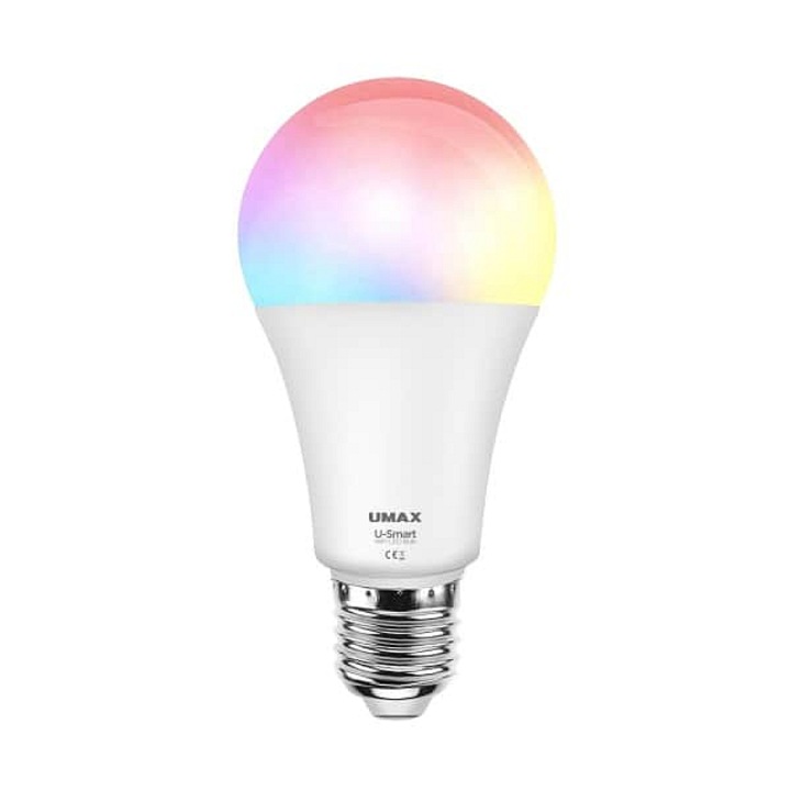 Bec inteligent UMAX U-Smart, LED 8W, Wi-Fi 2,4 GHz, RGB si lumina alba, Patice E27, Stmivabil, Compatibil Alexa/Google/IFTTT, Multicolor, 1 buc