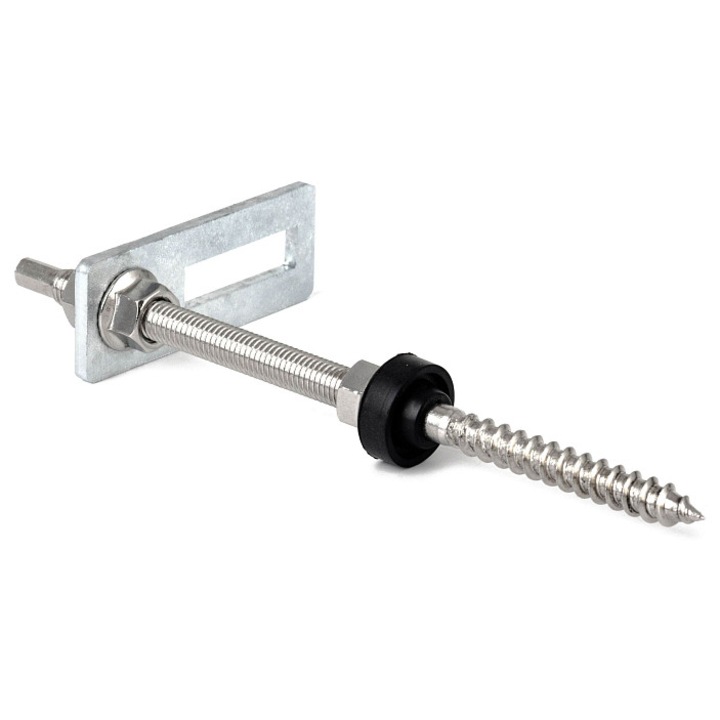 Kombicsavar G21 M10 x 300 mm hullámlemez tetőhöz, rozsdamentes acélból és horganyzott acélból, 80x30x4 mm-es rögzítőadapterrel és tömítéssel, ezüst/fekete, 1 szett