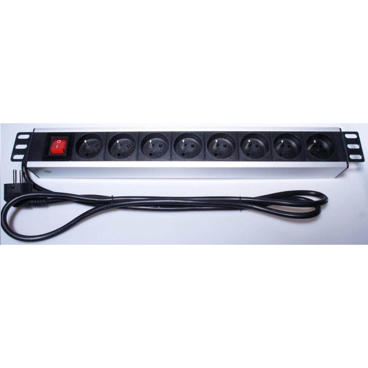 Premiumcord 1.5U elosztópanel 19" rackhez, 8 x 230V, 2m kábel, világító kapcsoló védelemmel, ezüst/fekete