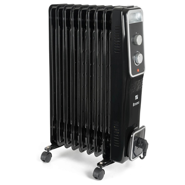 Radiator cu ulei G21 Bromo, incalzitor electric, 9 elemente, 800/1 200/2 000 W, termostat si protectie la rasturnare, mobil cu roti, negru, 1 buc