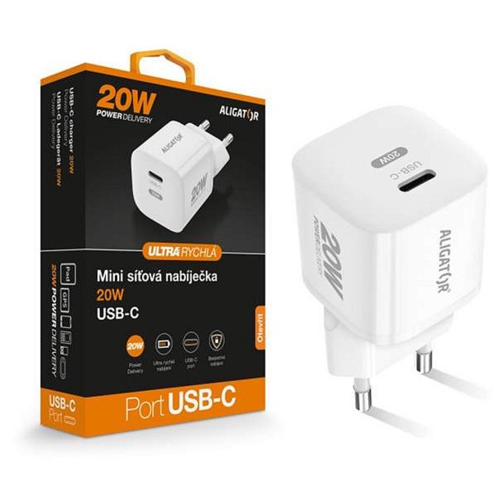 Aligator CHPD0016 hálózati töltő, USB-C PD 20W, gyorstöltés, rövidzárlat elleni védelem, fehér