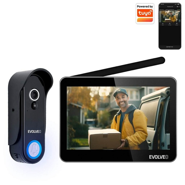 Evolveo DoorPhone W7 vezeték nélküli videó kaputelefon, 7" 1024x600 monitor, 1080p kültéri kamera infravörössel és PIR érzékelővel, kétirányú kommunikáció, WiFi Tuya/Smartlife, Fekete, Monitor + kültéri egység szett