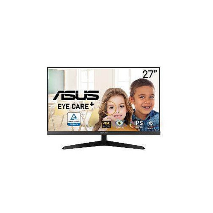 Монитор LCD Asus VY27UQ, 27'', 4K UHD (3840x2160), IPS, Eye Care+ с Low Blue Light и Flicker-free, HDR10, 60 Hz, DisplayPort 1.4/HDMI 2.0, тонколони 2x2W, черен