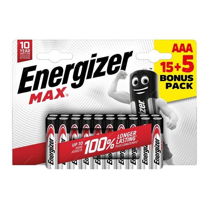 Energizer Max AAA elemek, alkáli, PowerSeal technológia, 15+5 bónusz, 1.5 V, ezüst/fekete, 20 db