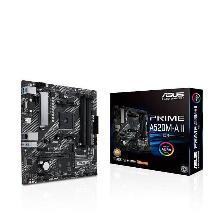 Alaplap Asus PRIME A520M-A II CSM, Socket AM4 Ryzen processzorokhoz, AMD A520, M.2 PCIe 3.0 x4 és 4x SATA 6Gb/s, HDMI/DisplayPort/D-Sub, Aura Sync RGB, Fekete, mATX