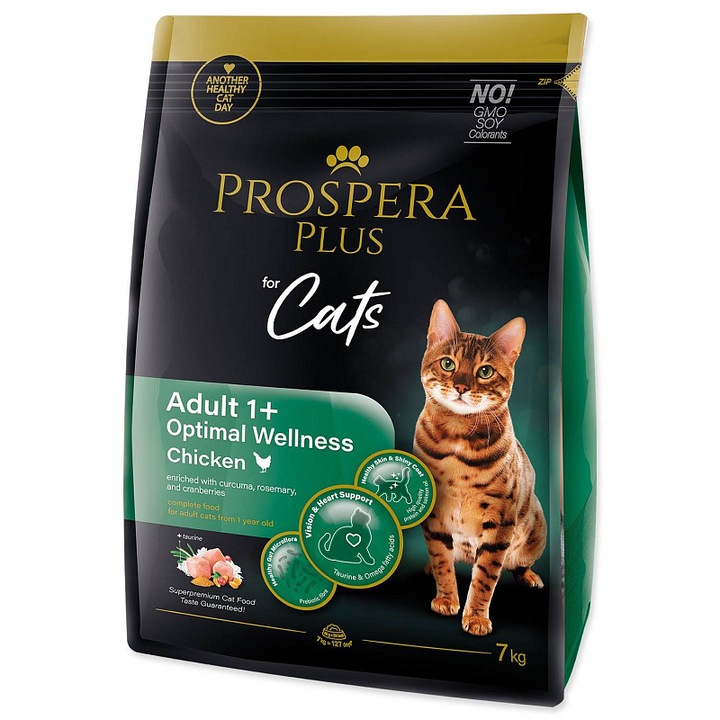 Prospera Plus Adult 1+ száraz macskaeledel, csirkével, az optimális jólétért, taurinnal és prebiotikumokkal, 7 kg