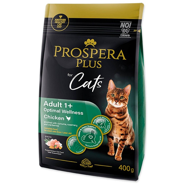 PROSPERA Prospera Plus Adult 1+ száraz macskaeledel, csirkével, optimális egészségért, taurinnal és lazacolajjal, 400 g